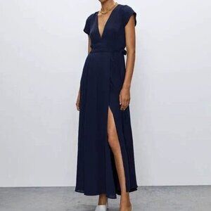 Babaton Size L Navy Blue Lexia Short Sleeve Deep V-Neck Maxi Wrap Dress